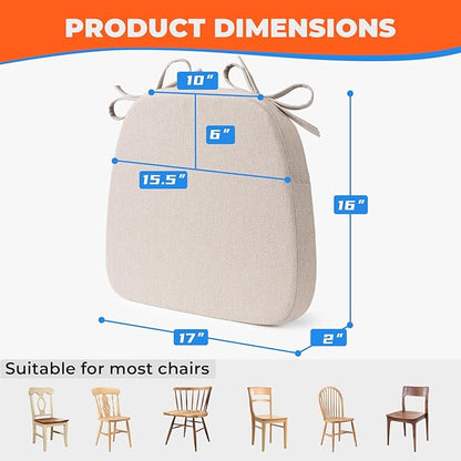 Sunsleek Chair Cushions for Dining Chairs, D-Shaped Seat Cushions with Removable Washable Cover and Ties, Chair Pads for Kitchen, Indoor Dining Room, Patio Chairs, 17'' x 16'', Set of 2, Beige