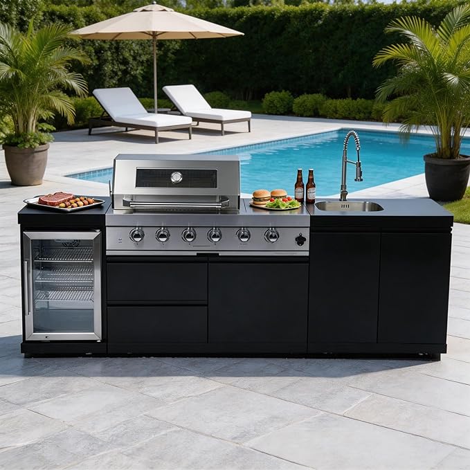 98-Inch Modular Propane Outdoor Kitchen Island with 4-Burner, 72000 BTU Outdoor Kitchen Bar Island Grill with Wine Cooler Compact Refrigerator, Rotisserie Kit, Stainless Steel Countert