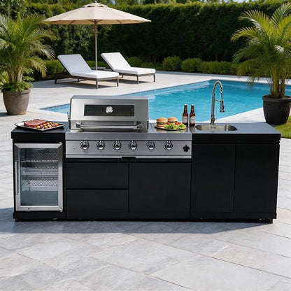 98-Inch Modular Propane Outdoor Kitchen Island with 4-Burner, 72000 BTU Outdoor Kitchen Bar Island Grill with Wine Cooler Compact Refrigerator, Rotisserie Kit, Stainless Steel Countert