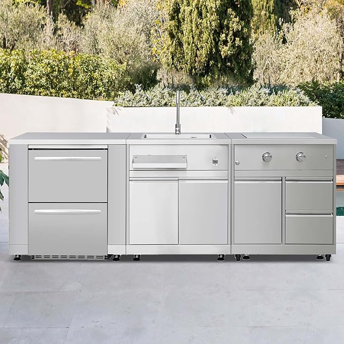 SINDA 4-Piece Outdoor Kitchen Package, 32" Side Burner, 24" Under-Counter Fridge, Refrigerator Cabinet, Outdoor Sink, Stainless Steel, 5.4 Cu. Ft. Capacity