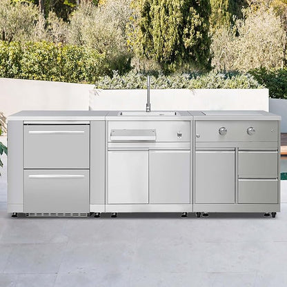 SINDA 4-Piece Outdoor Kitchen Package, 32" Side Burner, 24" Under-Counter Fridge, Refrigerator Cabinet, Outdoor Sink, Stainless Steel, 5.4 Cu. Ft. Capacity