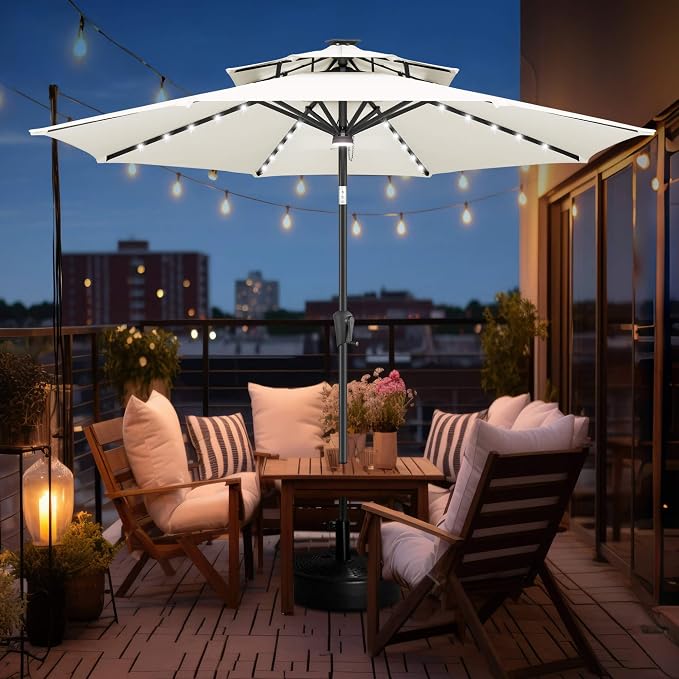 FLAME&SHADE Solar Patio Umbrella with Centre Light, 9FT 2 Tiers, Ivory | 40 LED Lights, UV Protection, Solar Outdoor Umbrella for Porch, Deck, Backyard, Garden, Provides Evening Lighting