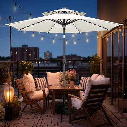FLAME&SHADE Solar Patio Umbrella with Centre Light, 9FT 2 Tiers, Ivory | 40 LED Lights, UV Protection, Solar Outdoor Umbrella for Porch, Deck, Backyard, Garden, Provides Evening Lighting