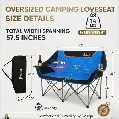 EMERIT Oversized Fully Padded Camping Chair, Heavy Duty 650LB Folding Camping Loveseat, Quad Fold Double Camping Couch with Cup Holders & Carry Bag for Outdoor, Lawn, Sports Events Blue