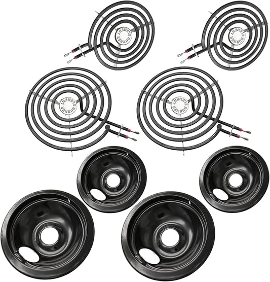 MP22YA Electric Stove Burner Element Replacement Set & 5304430149 5304430150 4 Pack Black Drip Pans - Perfectly Fit Frigi-daire Ken-more Cros-ley Tap-pan Electric Range Stove Top