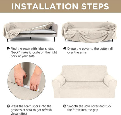 Peryiter 2 Pcs Couch and Loveseat Sofa Covers,Beige,Velvet | Armchair Covers for Living Room, Sofa Cushion Slipcover 2/3 Seater, Furniture Protector, Polyester and Spandex, Washable