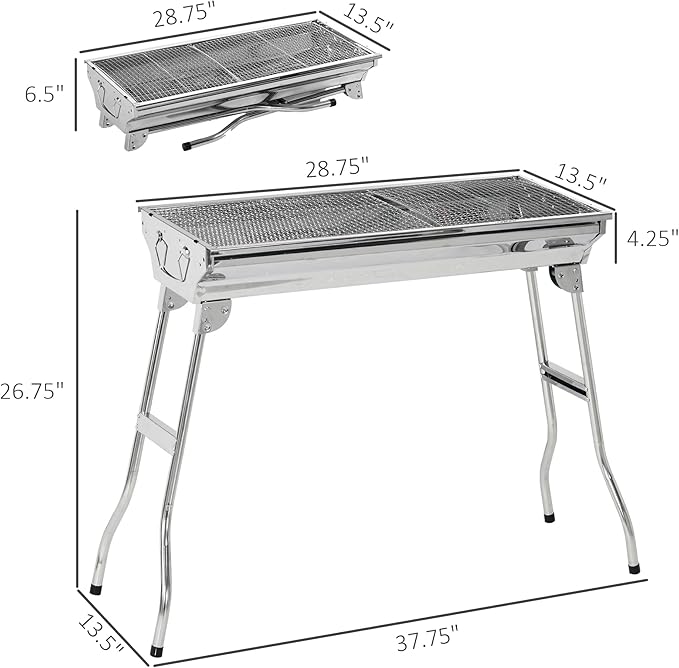 Portable Charcoal Grill, Stainless Steel Folding Outdoor BBQ Grill for Backyard Cooking, Camping, Picnic, Party, Tailgating and Travel with Pan, Grill Rack, Shelves, Hooks