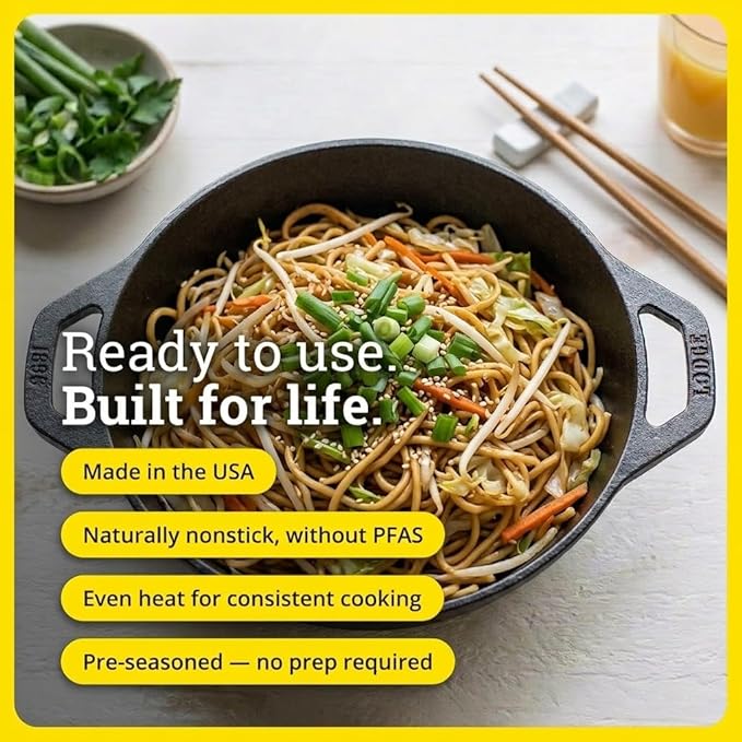 Lodge 6.25 Inch Cast Iron Mini Wok with Dual Loop Handles – PFAS FREE Pre-Seasoned Individual Serving Pan – Stovetop & Oven Safe Heavy Duty Sauce Wok – Made in USA