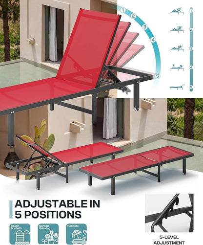 Lounge Chair Outdoor with Wheels, Aluminum Patio Chaise Lounge Chair with 5 Adjustable Backrest - Easy to Move- Pool Lounge Chairs for Deck, Beach, Poolside (Red)
