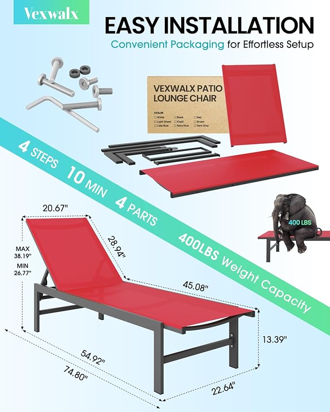 Vexwalx Outdoor Lounge Chair for Pool, Aluminum Chaise Lounge Chairs with 5-Position Recliner, Patio Lounge Chair for Backyard, Poolside, Deck, Lawn (Red)