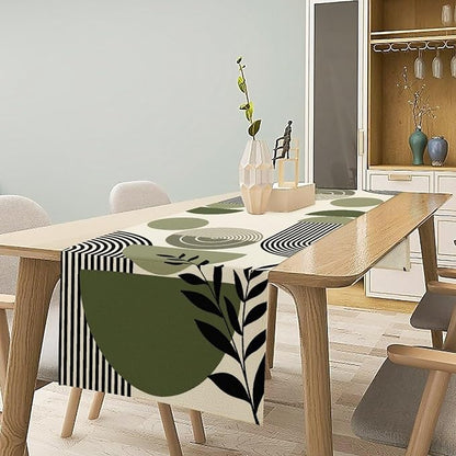 Boho Leaves Table Runner Sage Green Tropical Palms Tree Mid Century Modern Abstract Arch Geometric Dinner Runner for Farmhouse Cabin Home Kitchen Dining Holiday Party Decor 13x36in