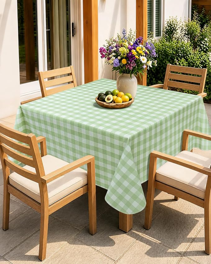 Seenus 52x52 Inch Flannel Backed Gingham Plastic Tablecloth for Square Table, Summer Light Green Checkered Square Tablecloth with Flannel Backing for Tea Party Card Table Patio Bistro