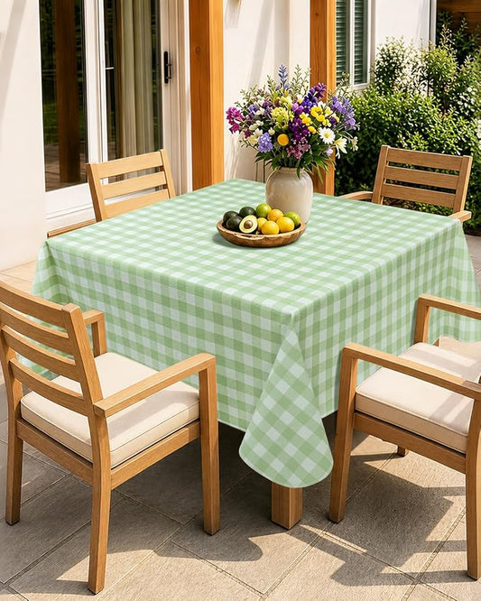 Seenus 52x52 Inch Flannel Backed Gingham Plastic Tablecloth for Square Table, Summer Light Green Checkered Square Tablecloth with Flannel Backing for Tea Party Card Table Patio Bistro