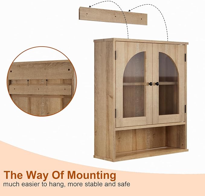Bathroom Wall Cabinet, Bathroom Storage Cabinet Over Toilet, Medicine Cabinet with Arched Glass Doors & Adjustable Shelves, Wall Mounted Bathroom Cabinet with Open Storage Shelf, Natural