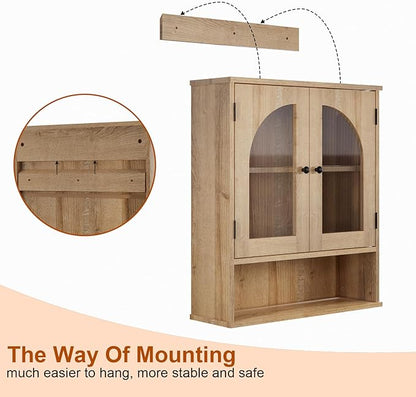 Bathroom Wall Cabinet, Bathroom Storage Cabinet Over Toilet, Medicine Cabinet with Arched Glass Doors & Adjustable Shelves, Wall Mounted Bathroom Cabinet with Open Storage Shelf, Natural