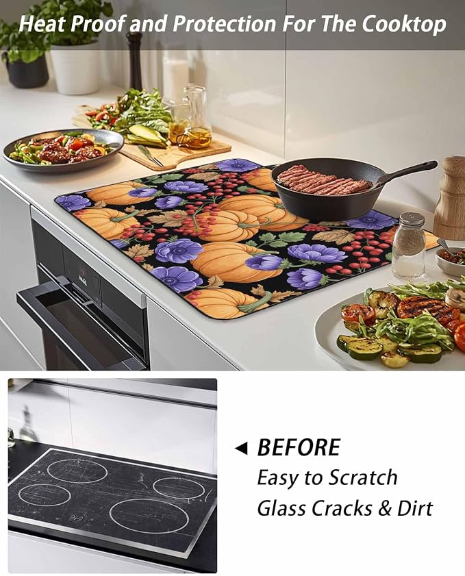 Orange Pumpkin Fall Stove Top Cover for Electric Stove, Thanksgiving Purple Floral Berry Farmhouse Heat-proof & Non Slip Glass Top Stove Cover Protector, Kitchen Flat Cooktop Rubber Mat 36x21 Inches