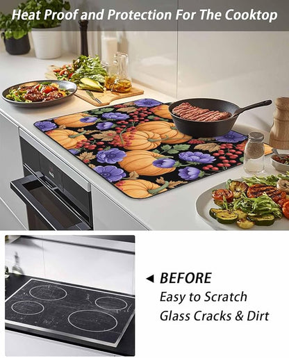 Orange Pumpkin Fall Stove Top Cover for Electric Stove, Thanksgiving Purple Floral Berry Farmhouse Heat-proof & Non Slip Glass Top Stove Cover Protector, Kitchen Flat Cooktop Rubber Mat 36x21 Inches