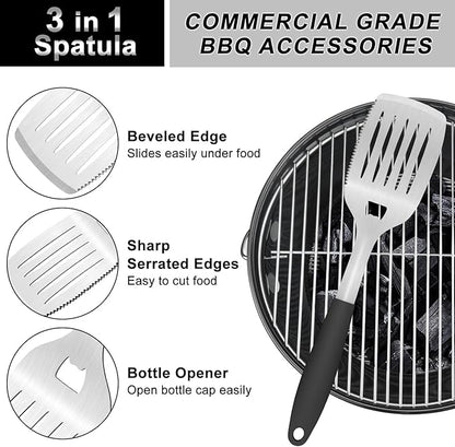 15.8'' Stainless Steel Grill Spatula for Outdoor Grill, 3-in-1 Metal BBQ Spatula Turner with Full Tang Silicone Handle and Serrated Edge, Heavy Duty Barbecue Tools Spatula for Grilling Cooking