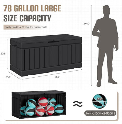 JUMMICO 78 Gallon Outdoor Deck Box Large Resin Storage Box for Patio Furniture Cushions and Garden Tools (Black)