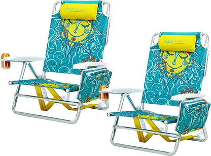 Old Bahama Bay Backpack Beach Chair 2 Pack, Aluminum Lightweight Reclining 5-Position Lounge Chair for Adults Heavy Duty Support 400 LBS Portable Folding with Cooler Bag Camping Chair for Sand Outdoor