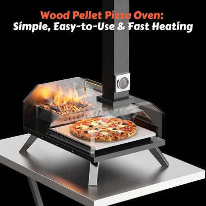 Pizza Oven Outdoor With a Thermometer, Portable Wood Fire Pizza Oven Stainless Steel Pizza Maker for Backyard or Outside Camping, Pizza Stone(11.25inch*11.25inch)