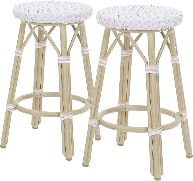 Seadrift Boho 26-inch Aluminum and All-Weather Wicker Barstools with Footrest, Patio Stools & Bar Chairs for Outdoor, Kitchen Counter, Poolside, Yard, Set of 2, White and Pink
