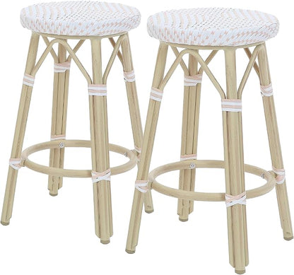 Seadrift Boho 26-inch Aluminum and All-Weather Wicker Barstools with Footrest, Patio Stools & Bar Chairs for Outdoor, Kitchen Counter, Poolside, Yard, Set of 2, White and Pink