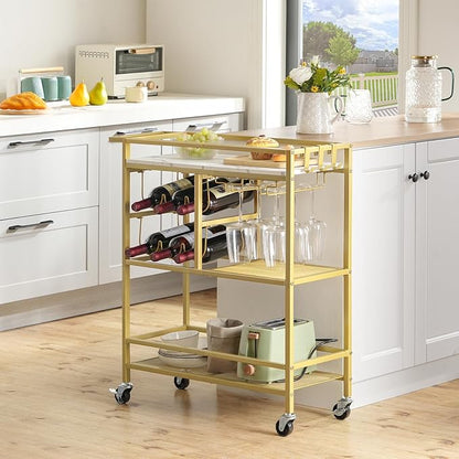 MAHANCRIS Bar Cart for Home, 3-Tier Serving Cart with Wheels and Handle, Beverage Cart with Wine Rack and Glass Holders, Rolling Wine Cart for Kitchen, Dining Room, Gold and White RCJM6101