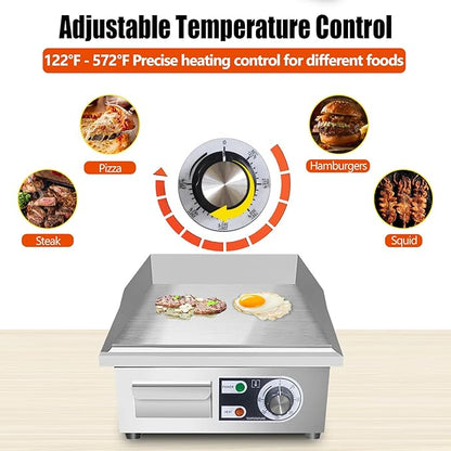14" Commercial Electric Griddle,Electric Countertop Flat Top Griddle,110V 1500W Electric Flat Top Grill,Non-Stick Restaurant Teppanyaki Stainless Steel Grill,Adjustable Temperature Control