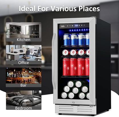 Velivi 15 Inch Beverage Refrigerator and Cooler - 125Cans Capacity Mini Beer Drink Fridge with Glass Door and Lock Under Counter Built-in or Freestanding - for Soda, Beer, Wine - for Home Bar Kitchen