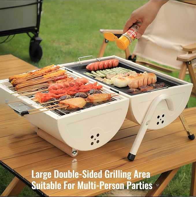 Charcoal Grill, Smoker Barbecue Grill, 2 In 1 Outdoor BBQ Grill, Large Double-sided Grilling Area With Beech Wood Handles, Barbeque Grill With Stainless Steel Grill And Baking Tray, For Camping Picnic