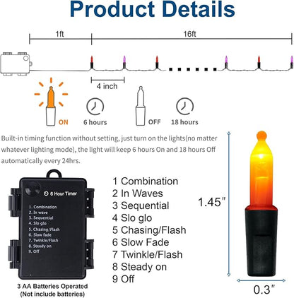 WATERGLIDE 50 LED Outdoor Halloween Lights, 16 FT Mini String Light with 8 Modes, Waterproof Battery Operated Tree Lights for Indoor Outdoor Patio Garden Party Wedding Decoration, Orange & Purple