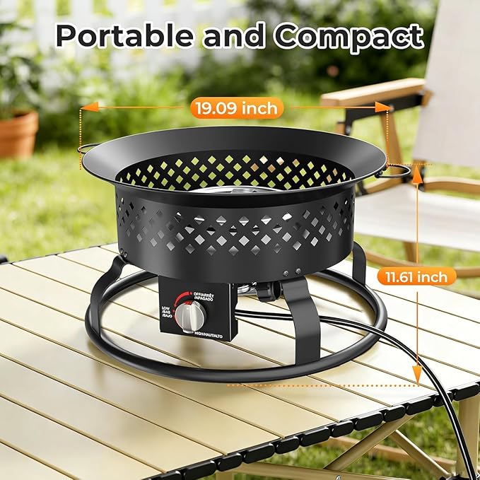 R.W.FLAME 19" Smokeless Portable Propane Fire Pit - 50000 BTU Outdoor Fire Bowl with Lava Rocks & Carry Bag for Camping RV Patio Backyard