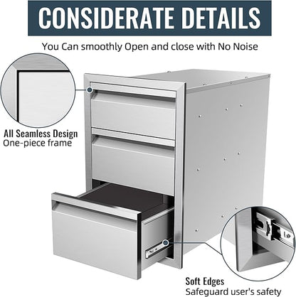 Outdoor Kitchen Access Drawer 16 x 21 x 23 inch Flush Mount BBQ Triple Layer Drawer, Durable Stainless Steel for BBQ Island Patio