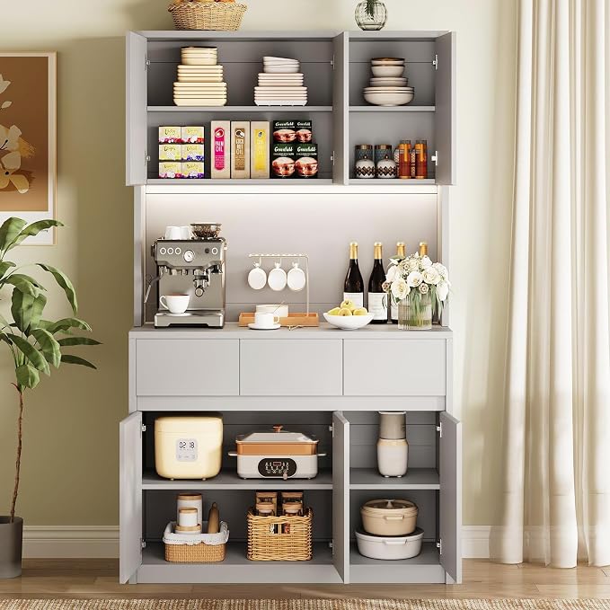 71" Kitchen Pantry Cabinet,Tall Storage Cabinet, Kitchen Storage Hutch | Shelves Adjustable,With Microwave Shelf,Coffee Bar,Led Lights&Charging Station,Corner Pantry Cabinet for Living Room