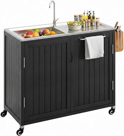 Outdoor Kitchen Island with 304 Stainless Steel Sink and Large Storage Cabinet,40-Inch BBQ Prep Station with Sink & 360 Lockable Wheels for Patio,Solid Wood Grill Cart，Backyard, Outdoor Party, Black