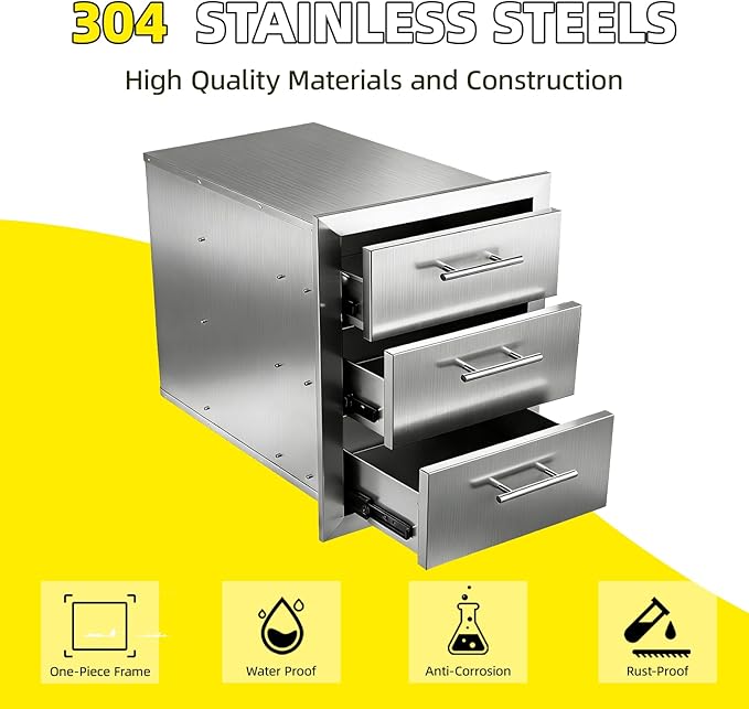 Outdoor Kitchen Drawers 18" W x 20.5" H x 20.5" D Stainless Steel Flush Mount Modular Cabinet, with Chrome Handle for Outdoor Kitchens or BBQ Island Patio Grill Station