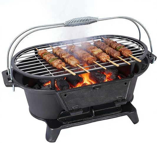 Oval Cast Iron Grill Outdoor, Portable Small Charcoal Grill with Tabletop Cast Iron Skillet, Compact Camping Charcoal Cooker, for Tailgating, Picnics & Hunting (19.6 * 10.6 * 8.2)
