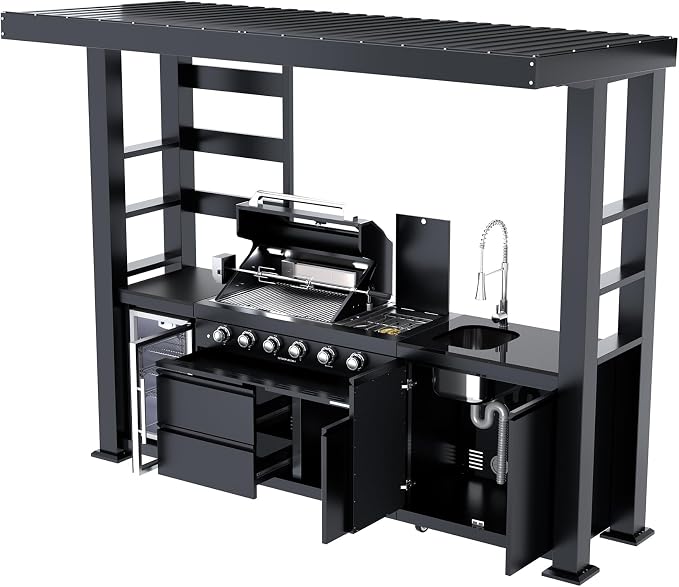 110" Covered Outdoor Kitchen Island with Roof, 4-Burner 72,000 BTU Propane BBQ Island with Side Burner, Refrigerator, Integrated Sink & Prep Station, for Backyard and Patio Cooking, Black