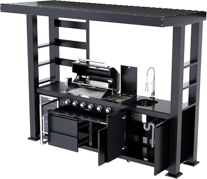 110" Covered Outdoor Kitchen Island with Roof, 4-Burner 72,000 BTU Propane BBQ Island with Side Burner, Refrigerator, Integrated Sink & Prep Station, for Backyard and Patio Cooking, Black