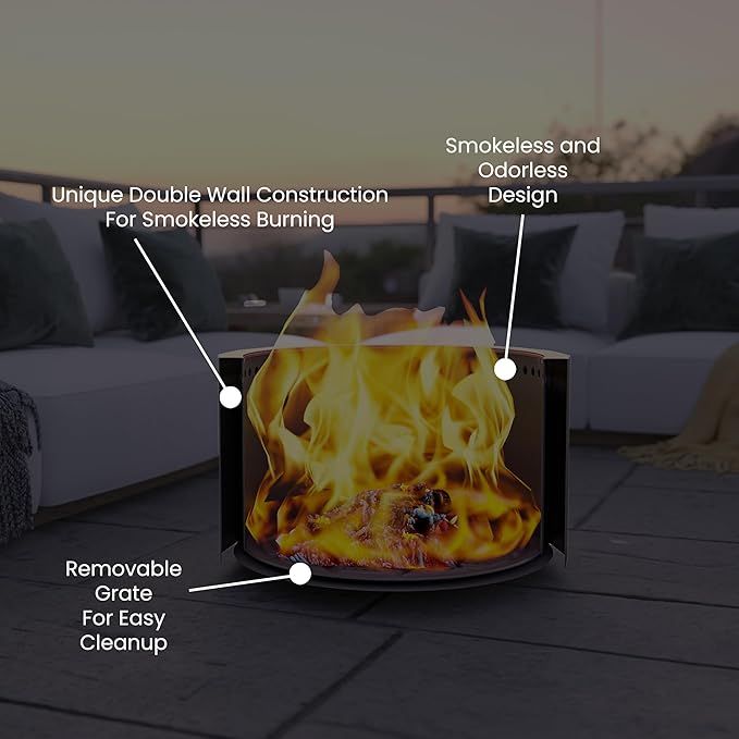 Merrick Lane Aries 27" Smokeless Firepit - Stainless Steel Finish - Wood Burning - Lightweight Portable Design - Waterproof Cover Included - No Assembly Required