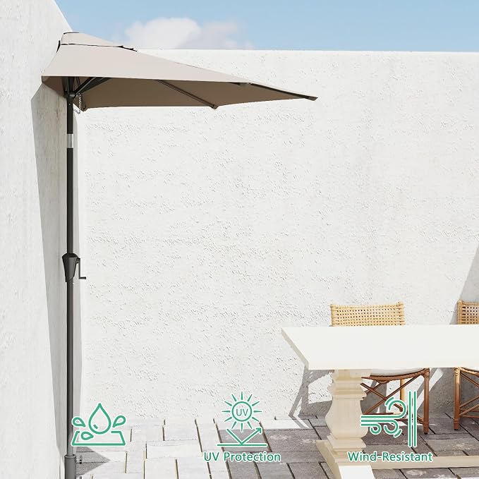 Helios&Hestia 9 ft Small Half Round Wall Outdoor Market Patio Umbrella with Tilt and Crank for Garden, Deck, Balcony