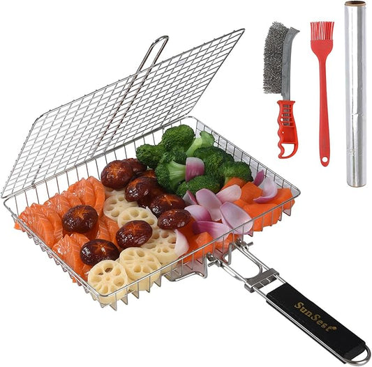 BBQ Deep Grill Basket-Barbecue BBQ Grilling, SUS304 Stainless Steel Folding Portable Outdoor Camping Rack for Fish, Shrimp, Vegetables, Cooking Accessories,Gifts for Dad,Men,Friends