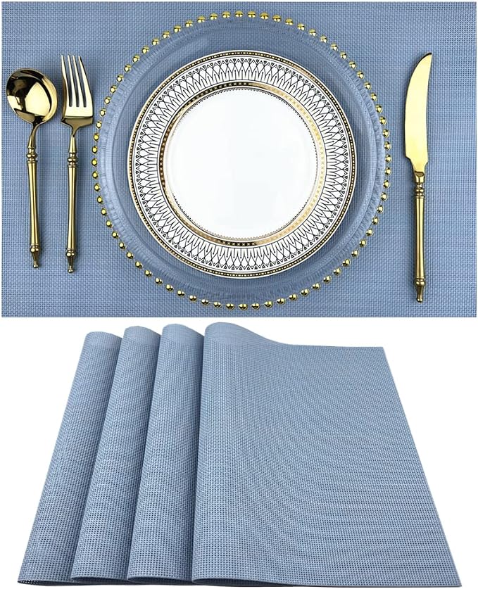 WAZAIGUR Placemats,Easy to Clean Crisscross Woven Vinyl Place Mats Durable Non-Slip Heat Resistant Table Mats,Placemats for Kitchen Table (Nattier Blue, 4)