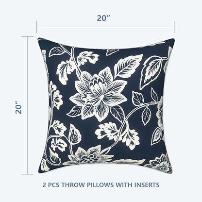 LVTXIII Outdoor/Indoor Throw Pillows, Decorative Patio Accent Pillows, Fluffy Water Repellent Garden Cushions for Home Patio Coach Sofa Use, 20×20 Inch, Pack of 2, Elegant Vines Navy