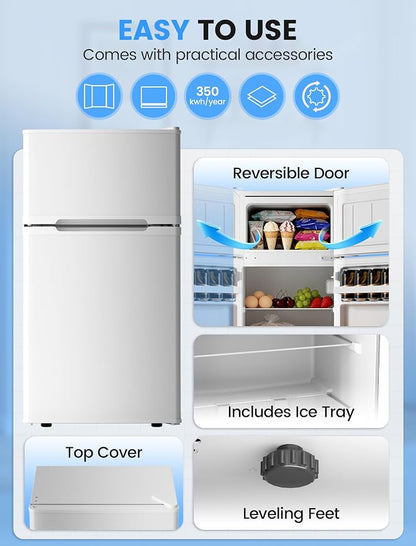COWSAR 4.5 Cu.Ft Mini Fridge With Freezer, 2-Door Compact Dorm Refrigerator With 2 Removable Shelves, 3 Level Adjustable Thermostat, Commercial Office Fridge for Bedroom, Kitchen, Apartment, White