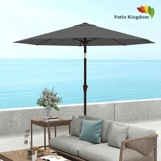 9FT Patio Umbrella with Fiberglass Ribs, Outdoor Market Table Umbrella with Crank and Tilt, UV Resistant Waterproof Canopy for Patio, Garden, Deck, Pool, Gray