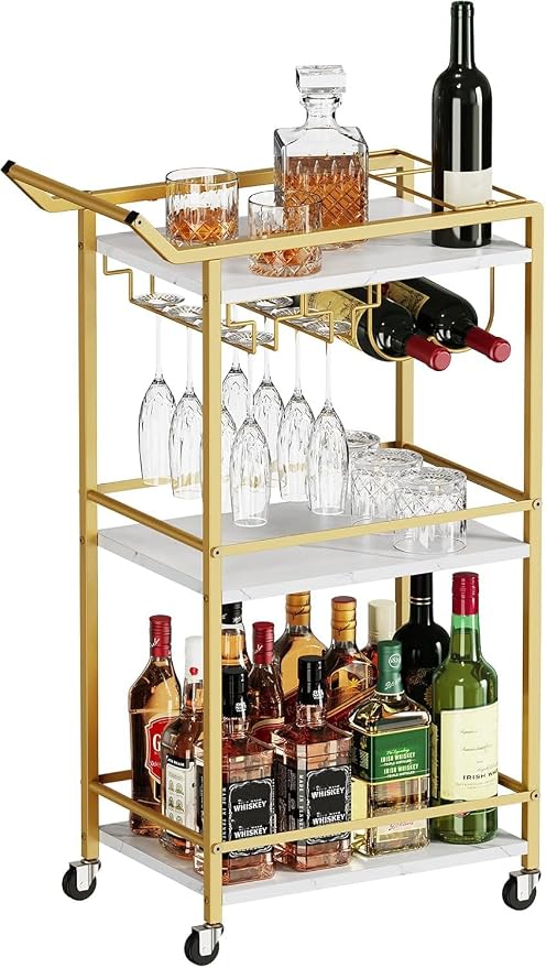 3 Tier Bar Cart Mini Liquor Utility Cart for Wine Beverage Dinner Party | Rolling Wine Coffee Drink Serving Cart with Lockable Wheels for Home Kitchen Bars (Gold)