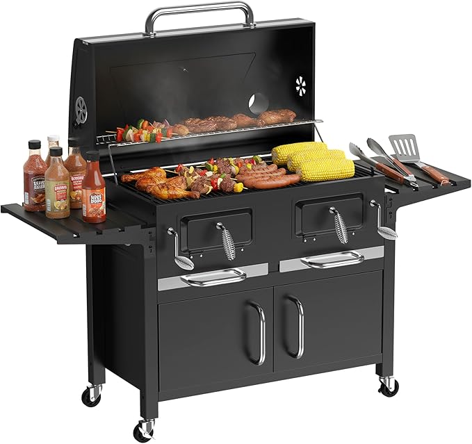 Bestfire Extra Large Charcoal BBQ Grill with Oversized Cooking Space, Dual Charcoal Trays, Enamel Grates & Chrome Warming Rack, Outdoor Barbecue Smoker with 4 Wheels & Side Tables