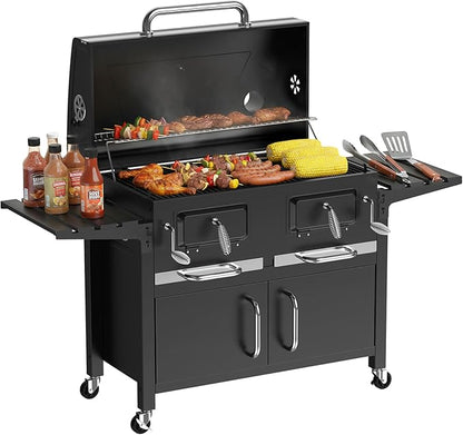 Bestfire Extra Large Charcoal BBQ Grill with Oversized Cooking Space, Dual Charcoal Trays, Enamel Grates & Chrome Warming Rack, Outdoor Barbecue Smoker with 4 Wheels & Side Tables